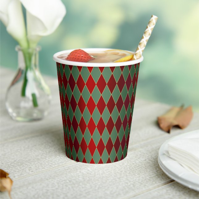 Christmas Red Gold Green Harlequin Paper Cups (Insitu)