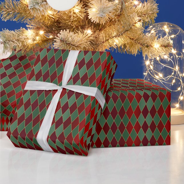 Christmas Red Gold Green Harlequin Wrapping Paper (Holidays)