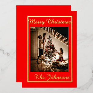 Christmas Red & Gold Simple Modern Photo Foil Holiday Card