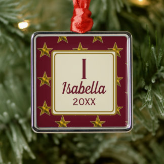 Christmas Red Gold Star Monogram Initial Holiday Metal Ornament