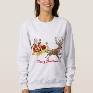 Christmas Red Golden Santa Sleigh Reindeer Holiday Sweatshirt