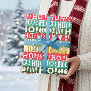 Christmas Red Green and Gold HO! HO! HO! Stripes Wrapping Paper