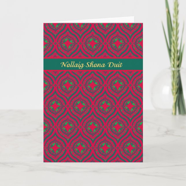Christmas Red Green Baubles, Irish Gaelic Greeting Holiday Card (Front)