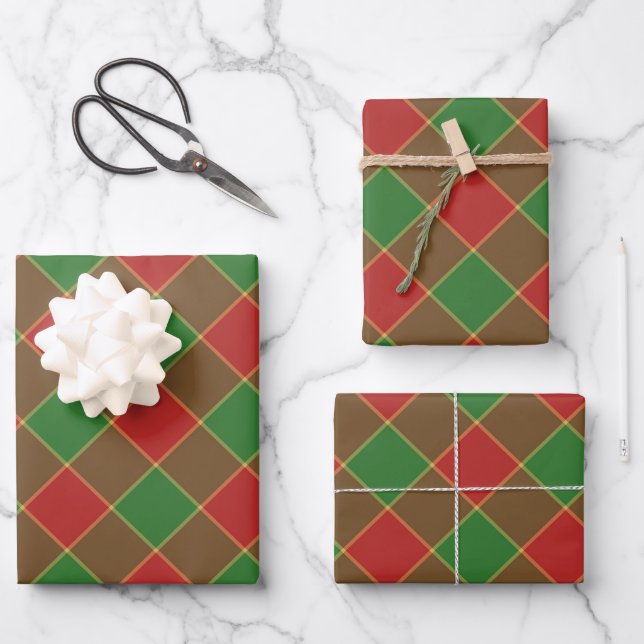Christmas red green check plaid diagonal pattern wrapping paper sheet (Front)