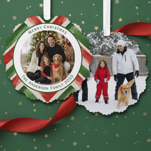 Christmas Red Green Chevron Easy 2 Photos Ornament Card