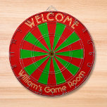 Christmas Red Green Custom Metal Cage House Party Dartboard<br><div class="desc">Create your own custom, personalized, fun, cool, stylish, christmas red and green colour, regulation size (18"diameter, 1"h) aluminum frame metal cage dart board. Comes with 6 brass darts (3 American flag dart flights and 3 UK dart flights). You may mount it anywhere – above your wastebasket at work or on...</div>