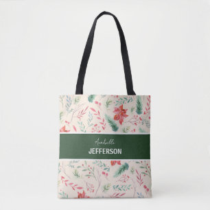 Christmas Red Green Flowers Monogram Tote Bag