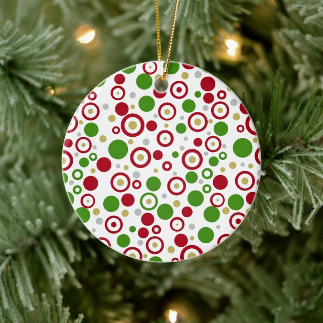 Christmas Red Green Geometric Name Two Sided Ceramic Ornament (Tree)