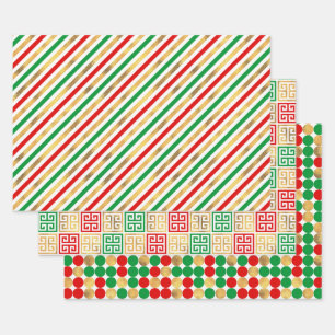 CHRISTMAS RED GREEN GOLD HOLIDAY PATTERNS WRAPPING PAPER SHEET