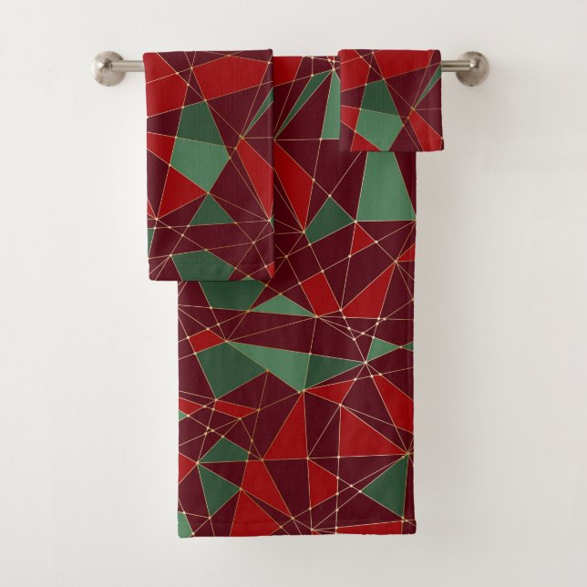 Christmas Red Green Gold Low Poly Pattern Bath Towel Set (Insitu)