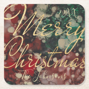 Christmas Red Green Gold Square Paper Coaster
