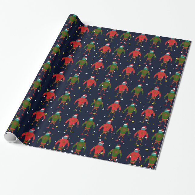 Christmas Red & Green Medium Robot Santas In Space Wrapping Paper (Unrolled)