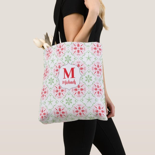Christmas Red Green Monogram Holiday Pattern Tote Bag (Close Up)