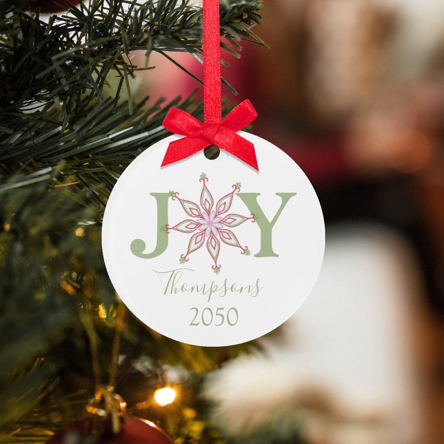 Christmas Red Green Photo Joy Typography Ornament (Christmas holiday Joy typography with a colorful pink, red, and green whimsical snowflake. )