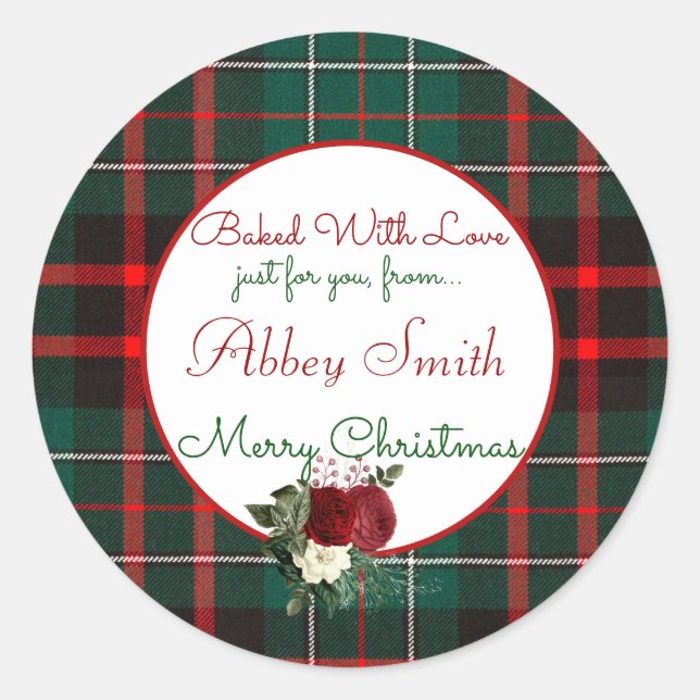 Christmas Red Green Plaid Baked For You With Love Classic Round Sticker (Front)
