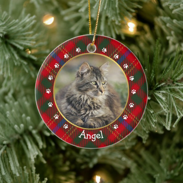 Christmas Red Green Plaid  Cat Photo Frame & Name Ceramic Ornament (Tree)