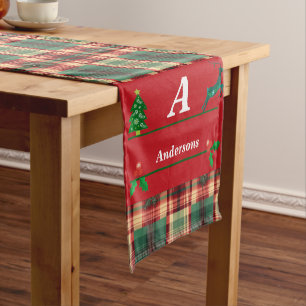 Christmas Red Green Plaid Custom Monogram & Name Short Table Runner
