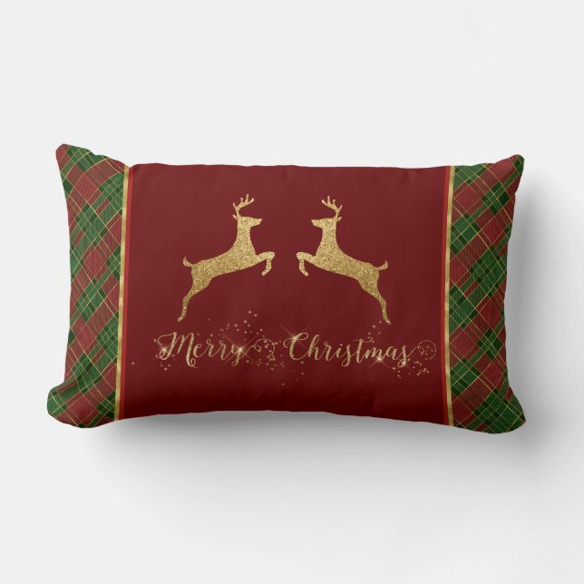 Christmas Red Green Plaid Gold Foil Deer Lumbar Pillow (Front)