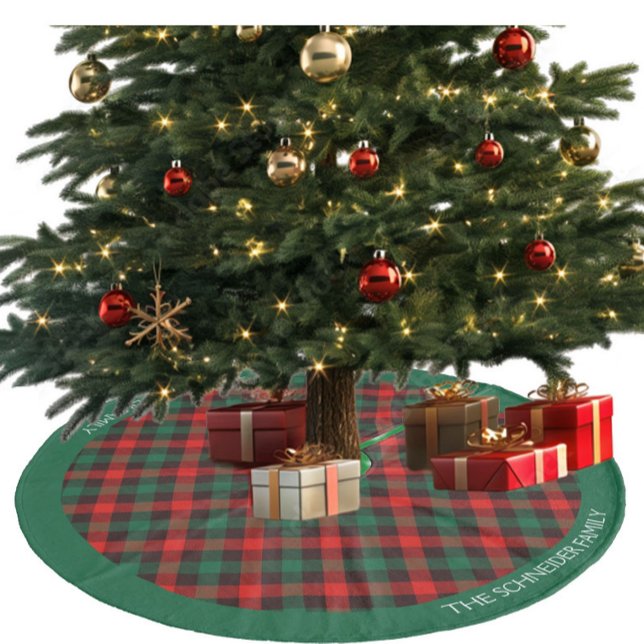 Christmas Red Green Plaid Personalize Fleece Tree Skirt (Green and red plaid with personalized name)