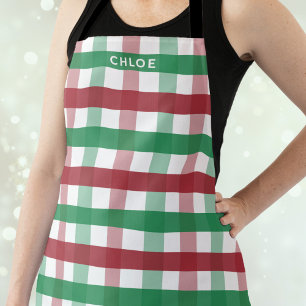 Christmas Red Green Plaid Personalized Name Cute Apron