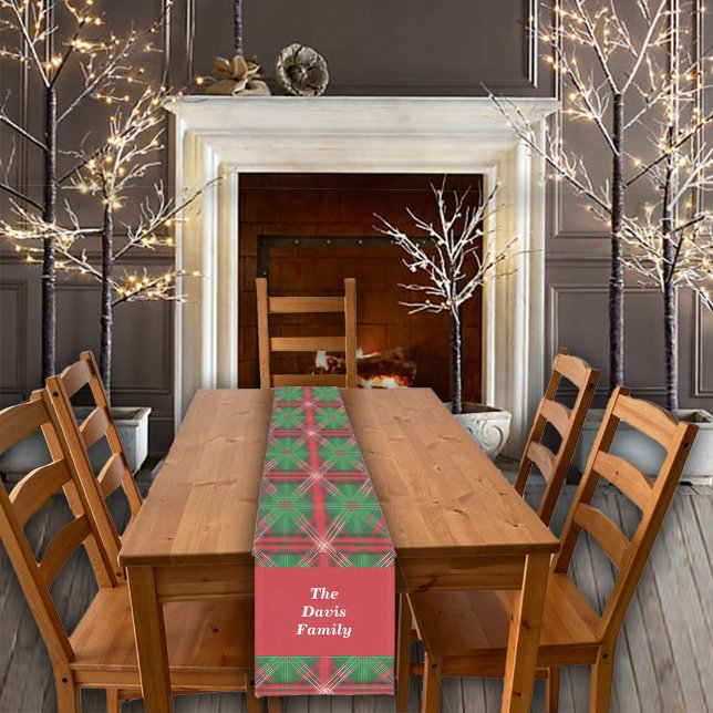 Christmas Red Green Plaid Tiles Custom Name Short Table Runner (Creator Uploaded)