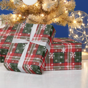 Christmas Red Green Plaid with White Snowflakes  Wrapping Paper