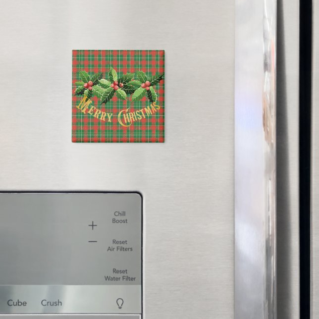 Christmas Red Green Plaid With Wreath Magnet (In Situ (Fridge))