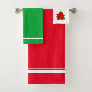Christmas red, green & poinsettia flower on white bath towel set