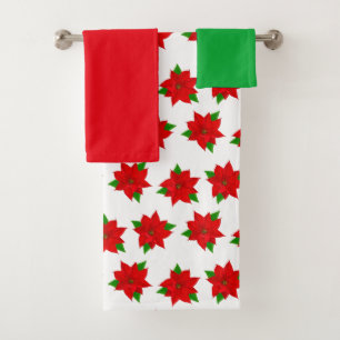 Christmas red, green & poinsettia flowers on white bath towel set