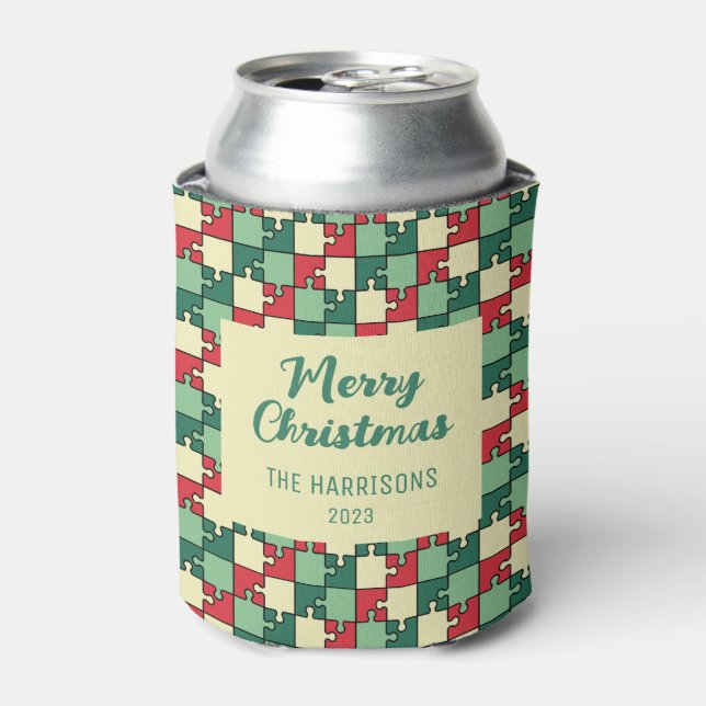 Christmas Red Green Puzzle Piece Geometric Can Cooler (Can Front)