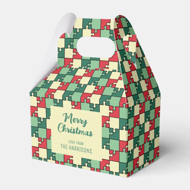 Christmas Red Green Puzzle Piece Geometric Favor Box (Front Side)