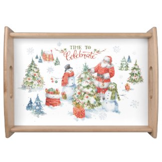 Christmas Red Green Santa Snowman Watercolor Quote Serving Tray