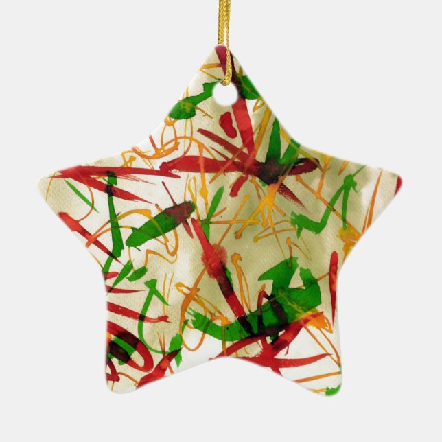 Christmas Red Green Star Ornamet Ceramic Ornament (Back)