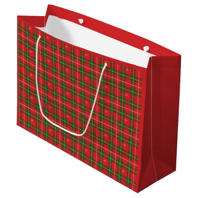 Christmas Red Green Stars Plaid Large Gift Bag (Front Angled)