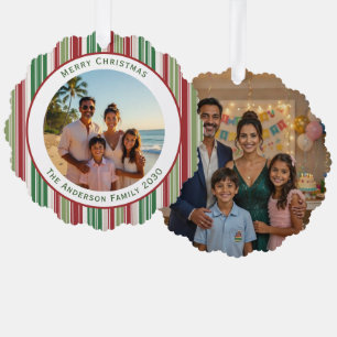 Christmas Red & Green Stripes Easy 2 Photo Ornament Card