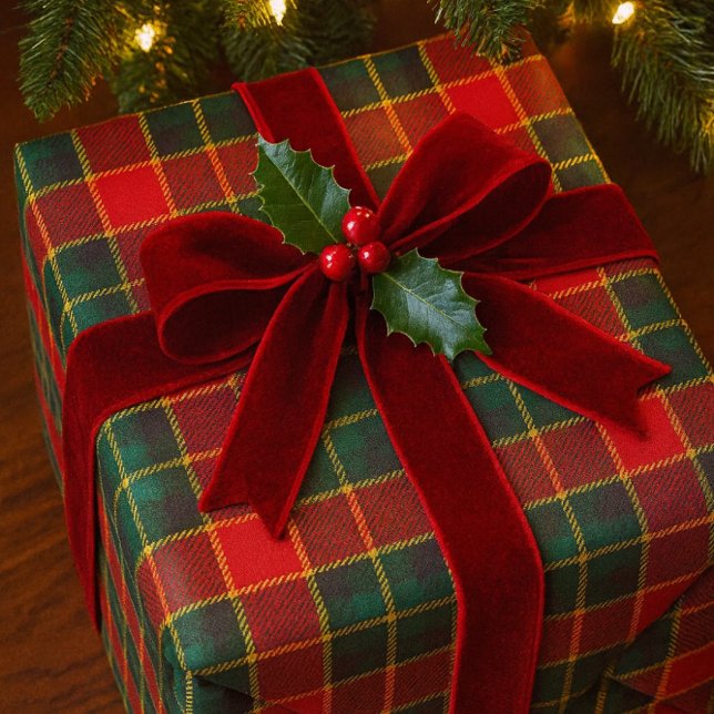 Christmas Red Green Tartan Glossy Holiday  Wrapping Paper (Wrapped in tartan and velvet, this gift glows with holly charm beneath twinkling Christmas lights.)