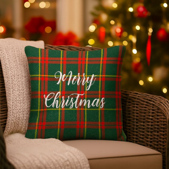 Christmas Red Green Tartan  Outdoor Pillow (Red and green tartan porch or patio pillow with Merry Christmas  slogan. )