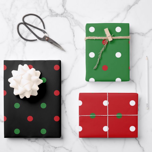 Christmas red green white black polka dots pattern wrapping paper sheet (Front)