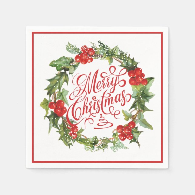 Christmas Red Green Wreath Holly Ivy Typography Napkin (Front)