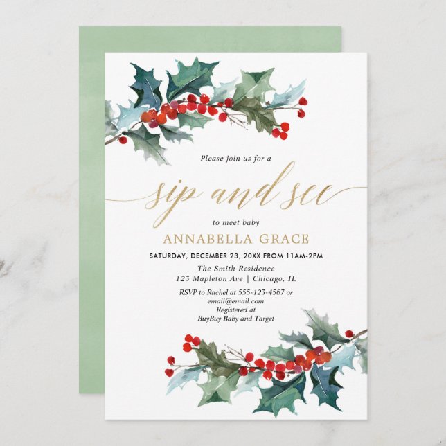 Christmas red greenery gold sip see meet greet invitation (Front/Back)