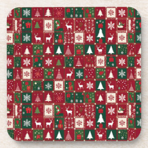 Christmas Red Grid Festive Holiday Design 🎄❤️✨ Coaster