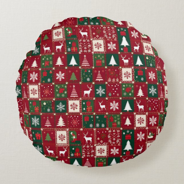 Christmas Red Grid Festive Holiday Pattern 🎄❤️✨ Round Pillow (Front)