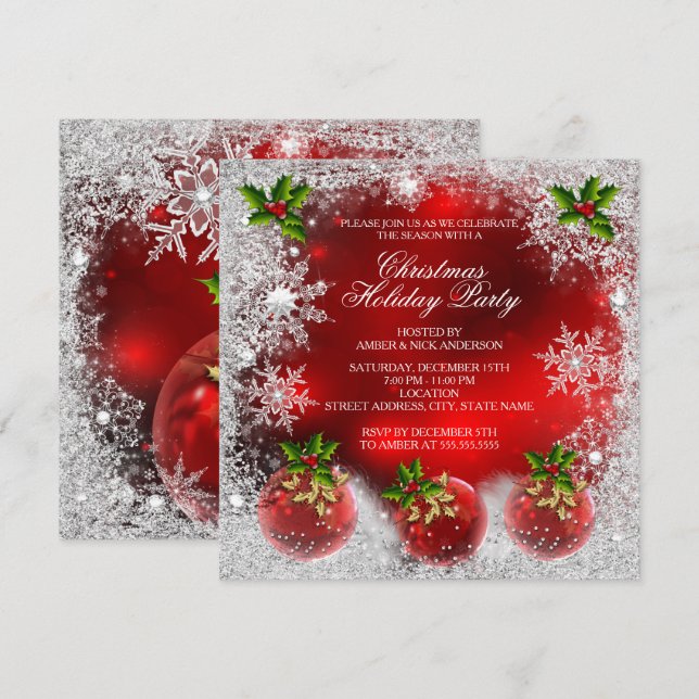 Christmas Red Holly Bauble Holiday Party Snowflake Invitation (Front/Back)