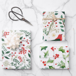 Christmas Red Holly Berries Wrapping Paper Sheet