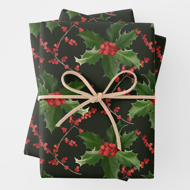Christmas Red Holly Berry and Green Leaves  Wrapping Paper Sheet (In situ)