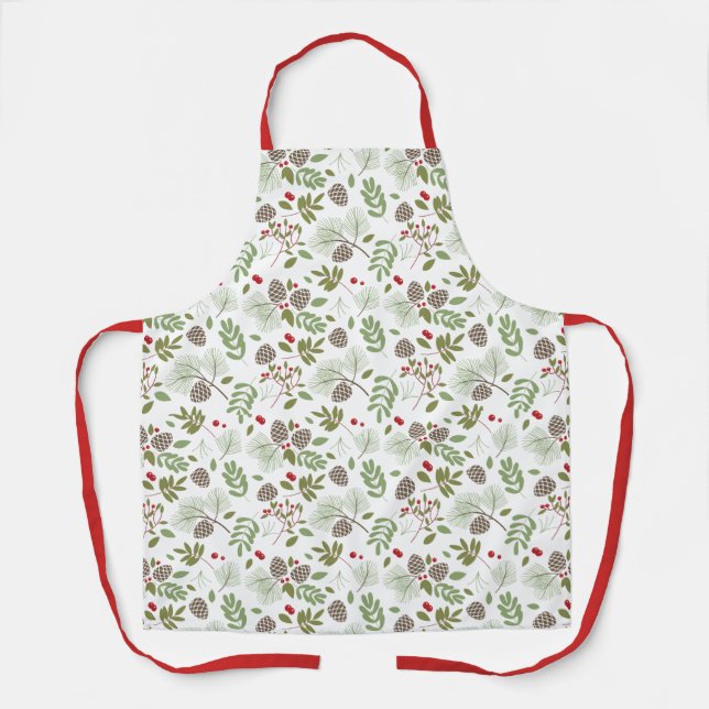 Christmas Red Holly Berry Pattern Kitchen Apron (Front)
