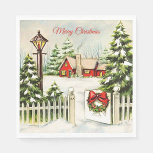 Christmas Red House Lantern Pine Trees Paper Napkin