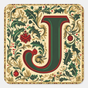 Christmas Red Letter J with Greenery and Gold Square Sticker
