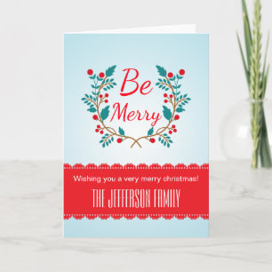 Christmas Red & Light Blue Design With Wreath Holiday Card