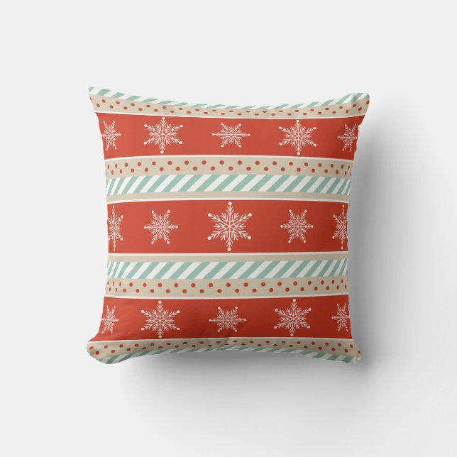 Christmas Red Mint Stripes Snowflakes Pattern Throw Pillow (Front)